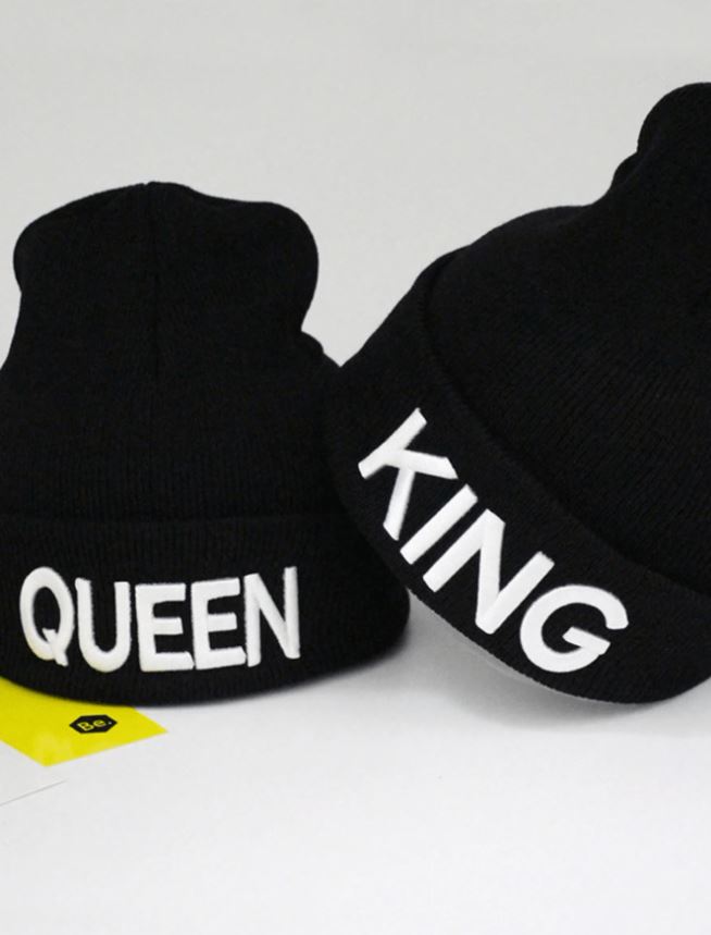 Knitted Hat With 'queen' And 'king' Embroidery